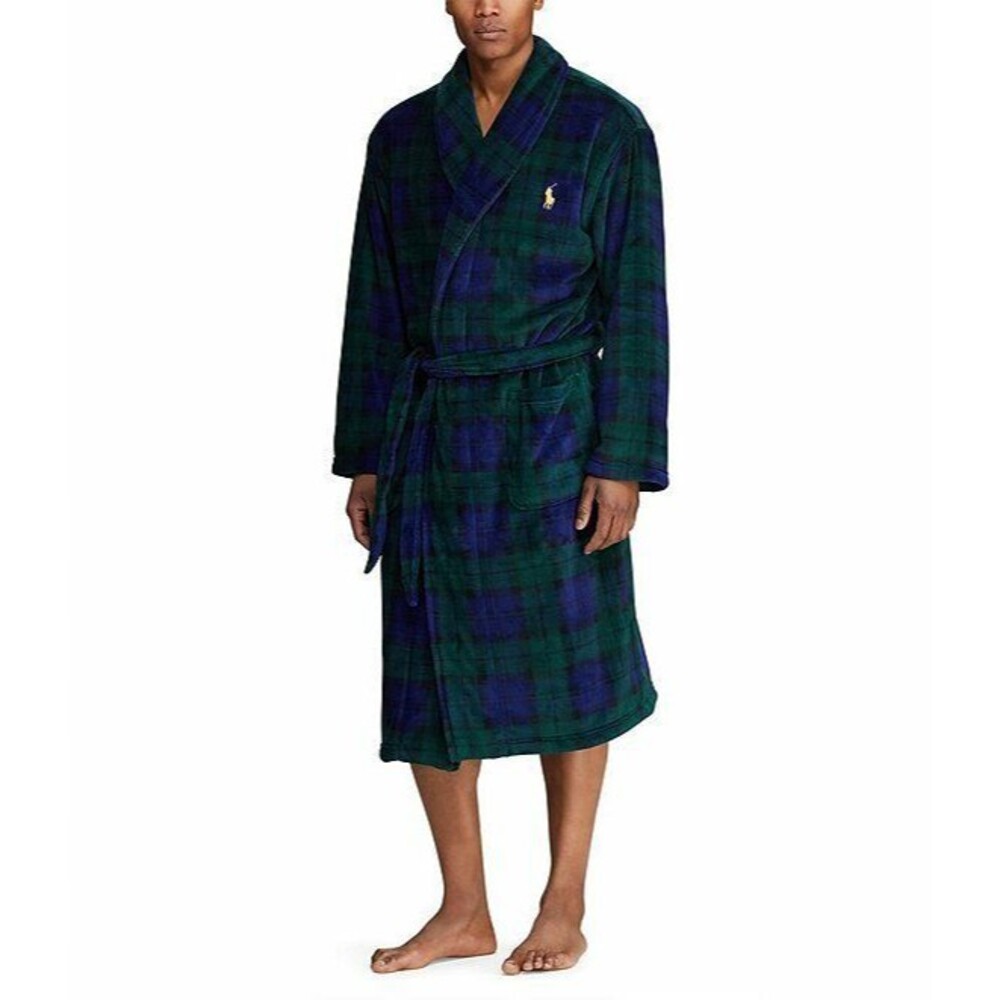 NWT RALPH LAUREN Big Polo Pony Plush Plaid Bath Robe Navy Blue Green L/XL